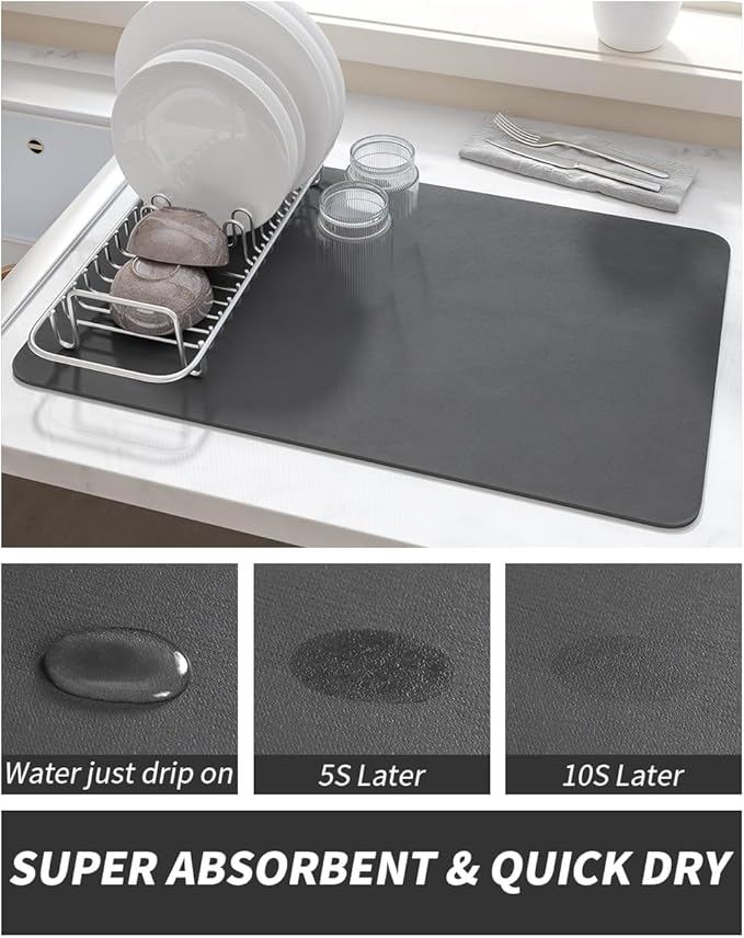 AMOAMI Dish Drying Mat for Kitchen Counter-Coffee Mat Bar Accessories, Hide Stain, Rubber Backed, Absorbent, Fit Under Coffee Maker, Espresso Machine, Pot, Dish Rack, 12"x19", Dark Grey