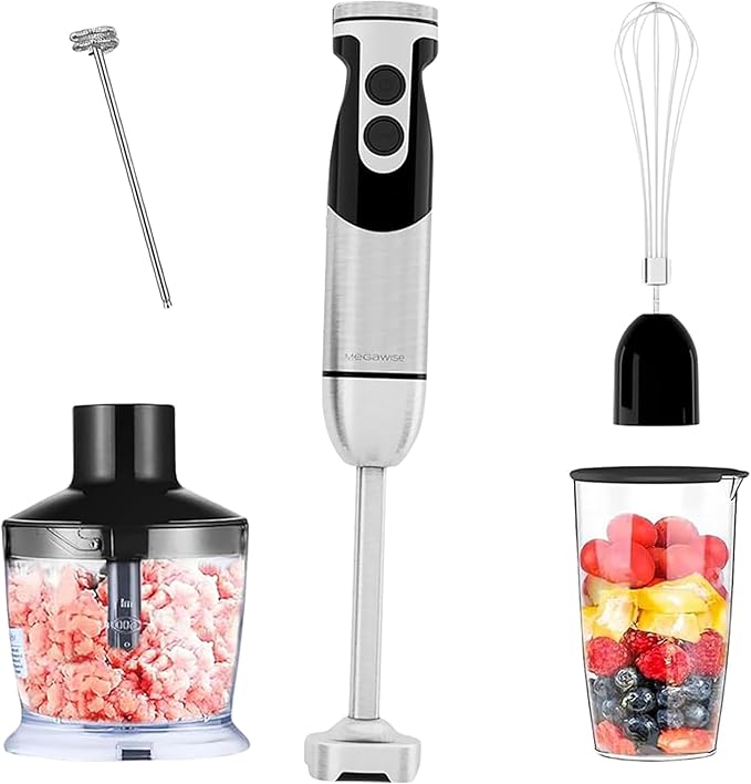 MegaWise Pro Titanium Reinforced 5-in-1 Immersion Hand Blender, Powerful Motor with 80% Sharper Blades, 12-Speed Corded Blender, Including 500ml Chopper, 600ml Beaker, Whisk and Milk Frother (Black)