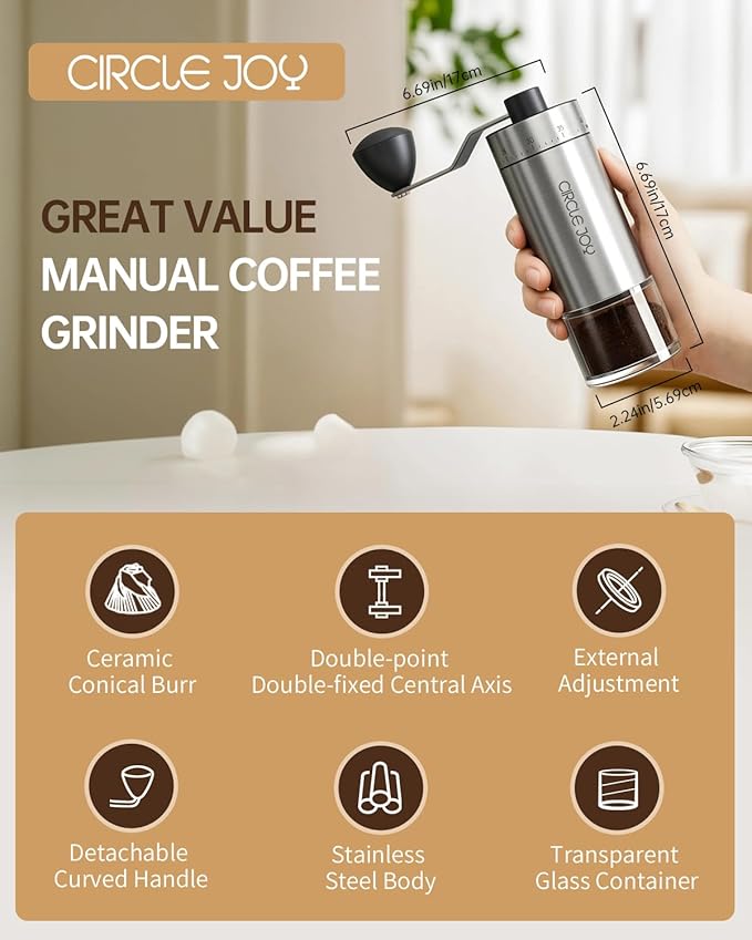 CIRCLE JOY Portable Manual Coffee Grinder with Ceramic Conical Burr and 40 External Adjustable Settings, Stainless Steel Hand Coffee Grinder for Camping, Travel and Espresso, Silver