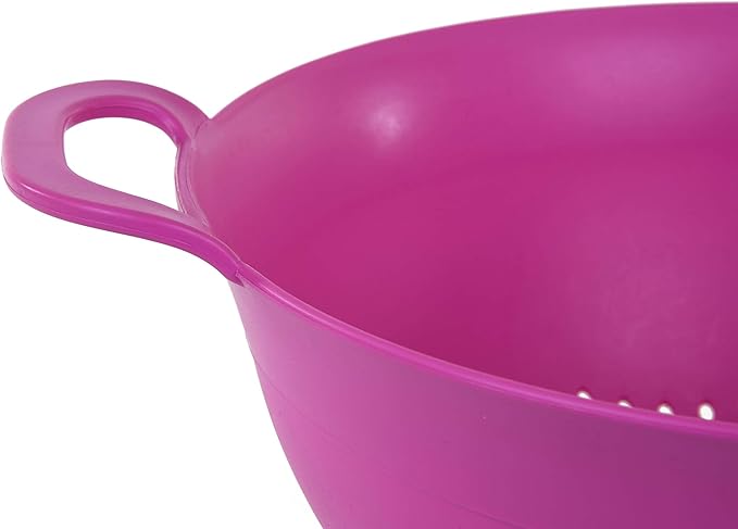 Mintra Home Plastic Strainer Colanders Set: 3, 3.5 and 5 Quart (Fuchsia) Double Strong Handles and Deep Bowl, Safe BPA-Free - Use for Pasta, Noodles, Spaghetti, Vegetables (Assorted Sizes 3pk)