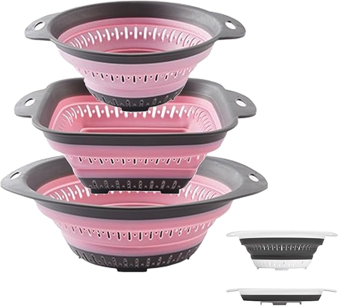 Collapsible Colander and Strainer,Silicone Strainer Colanders & Food Strainers,for Vegetable and Fruit, Kitchen Essentials (3, Pink, 1.3L+2.1L+2.5L)