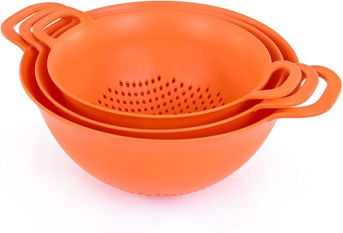 Mintra Home Plastic Strainer Colanders Set: 3, 3.5 and 5 Quart (Orange) Double Strong Handles and Deep Bowl, Safe BPA-Free - Use for Pasta, Noodles, Spaghetti, Vegetables (Assorted Sizes 3pk)