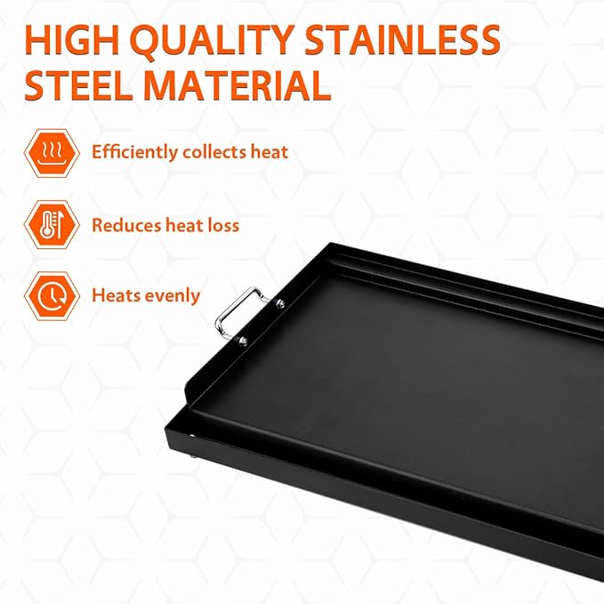 LotFun 25" x 16" Carbon Steel Cooking Griddle for Outdoor Gas Grill, Universal Griddle Flat Top Plate Insert with Grease Groove and Removable Handles for Electric/Charcoal/Gas Grill, Camping,Party