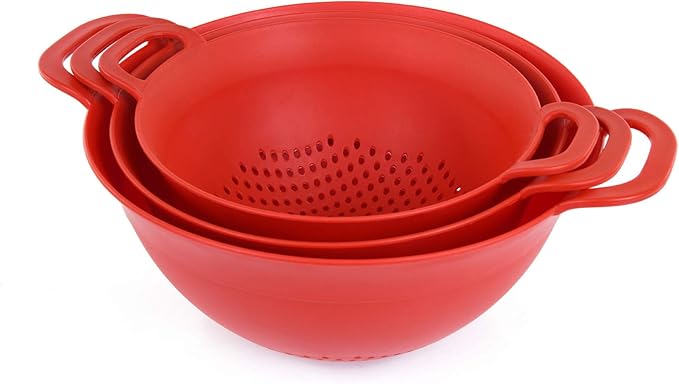 Mintra Home Plastic Strainer Colanders Set: 3, 3.5 and 5 Quart (Red) Double Strong Handles and Deep Bowl, Safe BPA-Free - Use for Pasta, Noodles, Spaghetti, Vegetables (Assorted Sizes 3pk)