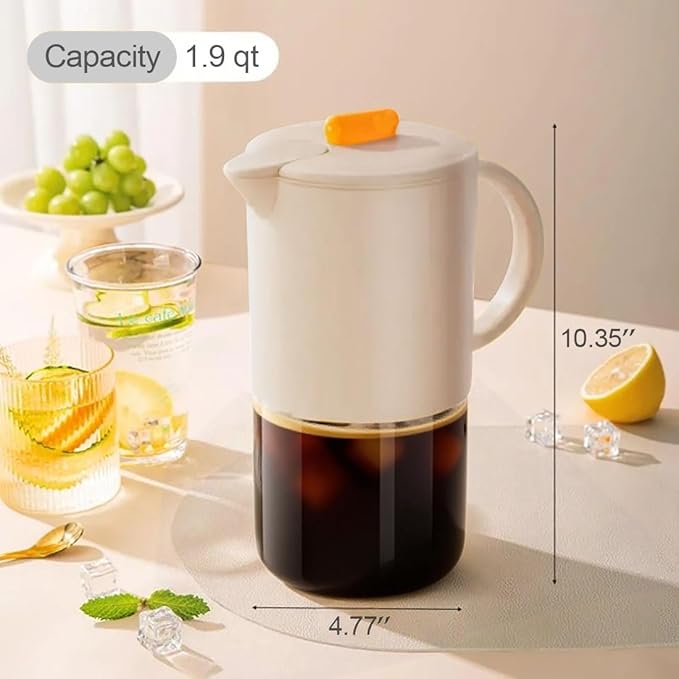 Delove Cold Brew Coffee Maker with Auto Spout – Shatterproof Plastic Shell, Wide Mouth Design – 62 oz (1.9 Quart) Iced Tea Glass Carafe with Removable Removable Mesh Filter (1, Beige)