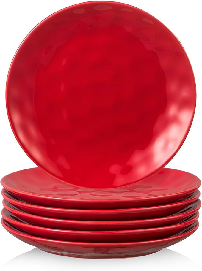 vicrays Ceramic Dessert Salad Plates, 8 Inch, Microwave, Oven, and Dishwasher Safe, Round, Porcelain Fluted Suitable for Snacks, Appetizer, Home, Party, Restaurant - Set of 6 Red