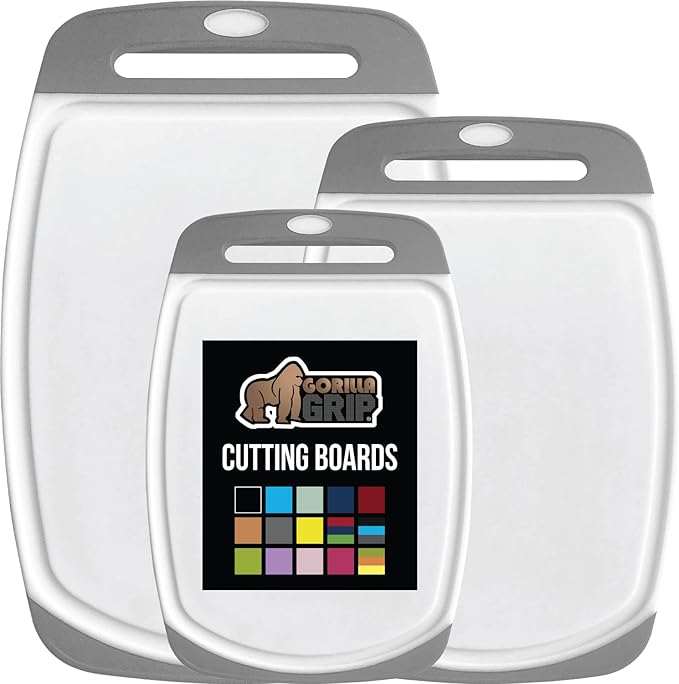 GORILLA GRIP 100% BPA-Free Reversible Kitchen Cutting Board Set of 3, Nonporous, Juice Grooves to Catch Liquid, Slip Resistant Handle Border, Dishwasher Safe, Durable Large Food Chopping Boards, Gray