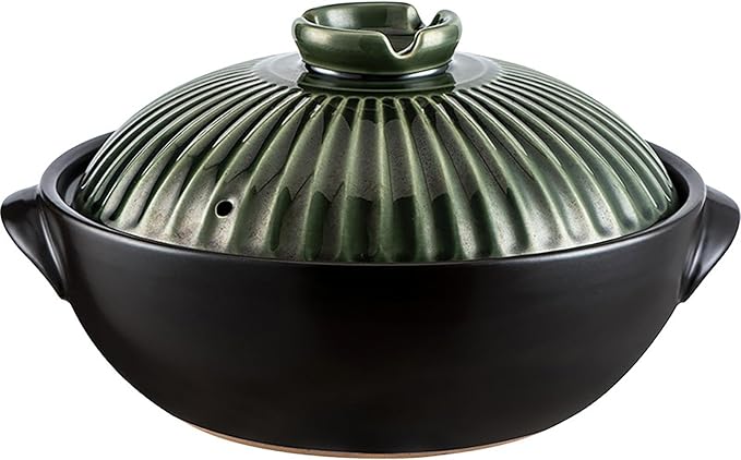 Japanese Donabe Ceramic Hot Pot Retro Heat Resistant Shallow Dutch Oven,Non-Stick Cookware Pot with Lid and Dual Handle for Cooking,Soup, Rice, Stew, Casserole, Noodle,Vintage Green,7in