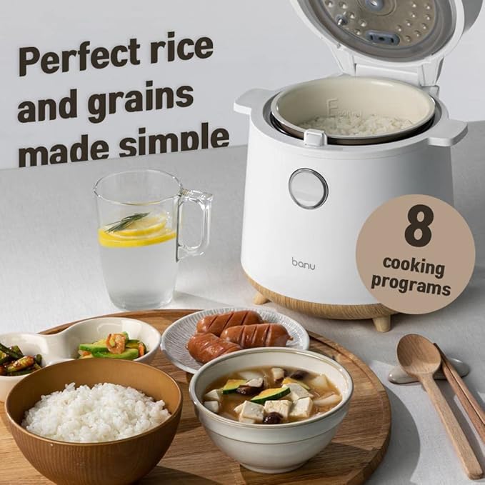 Banu Mini Low Carb Rice Cooker Japanese Low Carb Rice Cooker 3 Cups (white rice), 1 Cup (Low carb rice) Uncooked with Stainless Steel Steamer, Rice Maker Low Sugar Rice Function, 24H Delay Timer & Auto Keep Reduce One-Touch Cooking - White