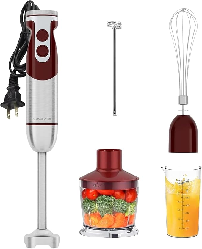 MegaWise Pro Titanium Reinforced 5-in-1 Immersion Hand Blender, Powerful Motor with 80% Sharper Blades, 12-Speed Corded Blender, Including 500ml Chopper, 600ml Beaker, Whisk and Milk Frother (Red)