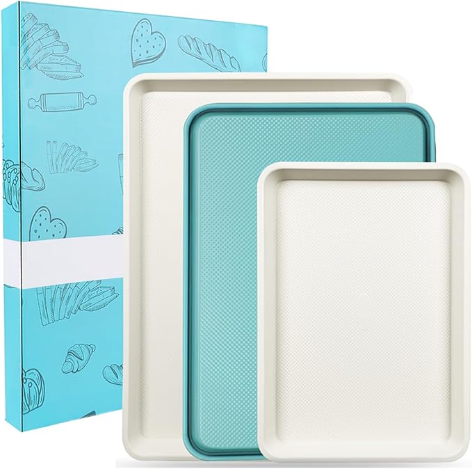 3-Pack Blue Ceramic-Coating Baking Sheet Pans, PFOA/PFOS/PTFE-Free Nonstick Cookie Sheet Trays, 0.8mm Thick Heavy Duty, with Diamond Texture, Replacement Toaster Oven Tray for Everyday Baking