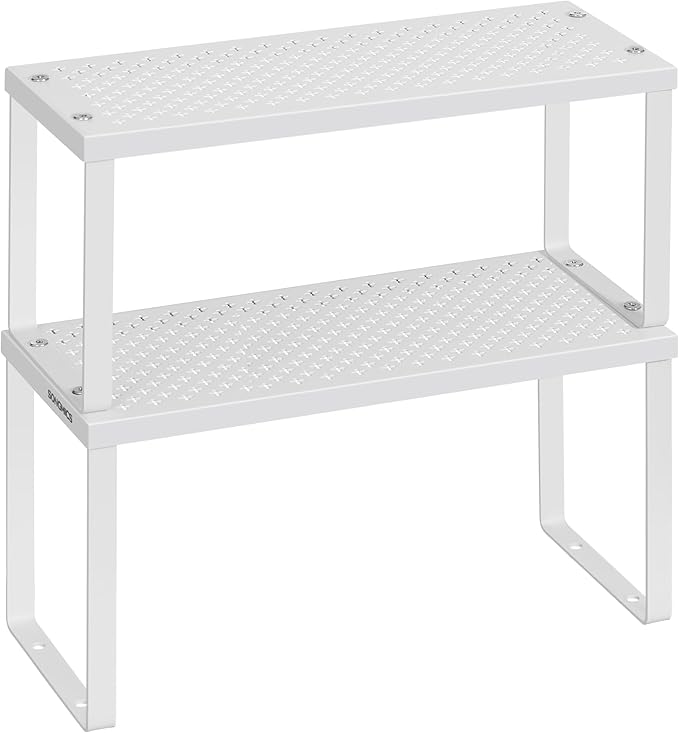 SONGMICS Spice Racks, Set of 2 Metal Cabinet Shelf Organizers, Countertop Organizers, Shelf Risers, Stackable, Expandable, White UKCS003W01