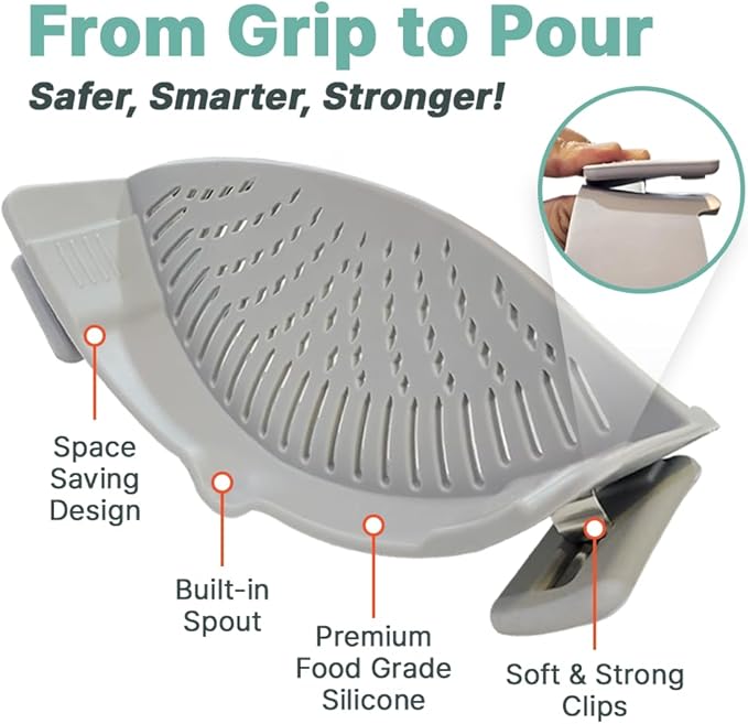 Silicone Clip-On Strainer for Pots and Pans (2 Pack) – Easy One-Handed Pasta and Noodle Draining Tool, BPA-Free Kitchen Gadget, Dishwasher Safe