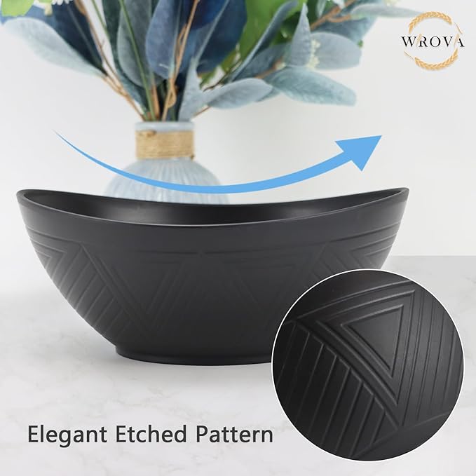 65oz Big Wheat Straw Bowls - Large Salad Bowls set of 6 - Unbreakable Serving Bowls - Microwave & Dishwasher Safe - Oval Bowls for Cereal,Salad,Fruit - Pure Black