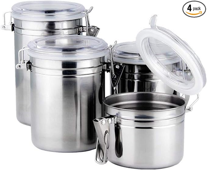 Foraineam 4-Piece Stainless Steel Airtight Canister Set with Clear Arylic Lid and Locking Clamp Food Storage Container Flour Canisters for Coffee, Tea, Snacks