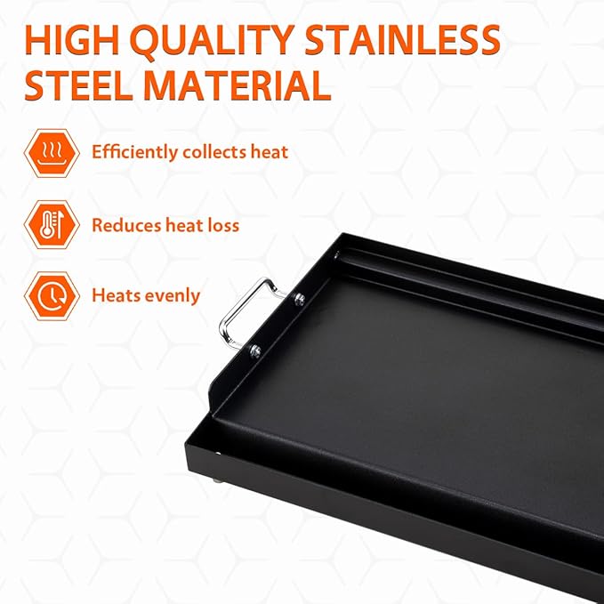 LotFun 17" x 13" Carbon Steel Cooking Griddle for Outdoor Gas Grill, Universal Griddle Flat Top Plate Insert with Grease Groove and Removable Handles for Electric/Charcoal/Gas Grill, Camping,Party