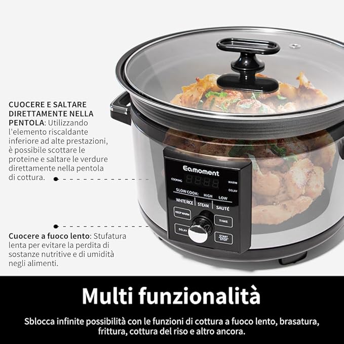 5.5QT Programmable Slow Cooker With Timer,Non Stick Aluminum Alloy Liner.SLOW COOK HIGH/SLOW COOK LOW/WHITE RICE/STEAM/SAUTE/WARM/DELAY,and Other Practical Functions