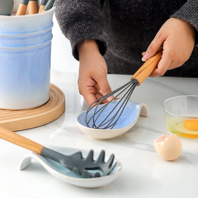 Nihow Ceramic Spoon Rest: 4 Inch Stable Utensil Rest - Heat Resistant Spoon Holder for Kitchen counter/Counter top/Stove Top - Dishwasher Safe - Elegant Blue & White (1 PC)