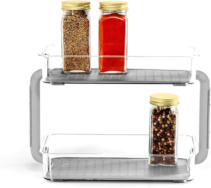 madesmart 2-Tier Plastic Multipurpose Kitchen Spice Organizer, Condiment Storage Spice Shelf for Cabinet Organization, Gray (Pack of 2)