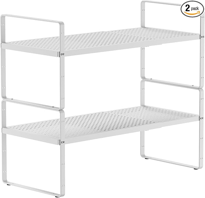 2Pack Expandable Cabinet Countertop Shelves 16.5-27’’L, Adjustable Metal Spice Rack Organizer, Stackable Kitchen Counter Storage Shelves Organizers for Cabinet Organization, White