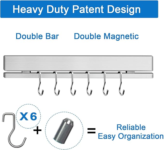 12 Inch Magnetic Knife Holder for Wall with 6 Hooks No Drill-Double Magnetic Bar Strong Adhesive Knife Magnetic Strip-Kitchen Utensil Hanger-304 Stainless Steel Magnetic Kitchen Knife Rack