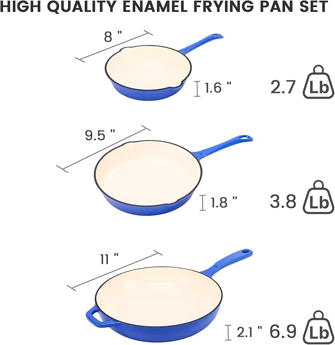 Hisencn Enameled Cast Iron Skillet - Ceramic Coated 8''/9.5''/11'' Fry Pan Set, Gas/Induction/Electric/Oven Compatible, 3 Size Frying Pans, PTFE & PFOA Free, Cast Iron Ceramic Cookware, Cobalt Blue