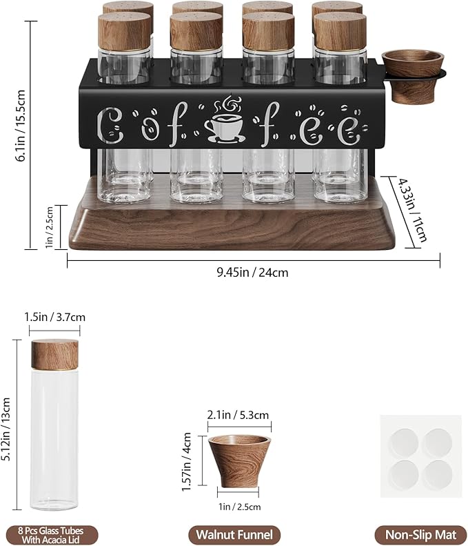 Single Dose Coffee Bean Storage Tubes with One-Way Exhaust Valve,Coffee Bean Container with American Walnut Wood Base,Funnel and Lids,Espresso Bean Storage with 8Pcs Glass Tubes