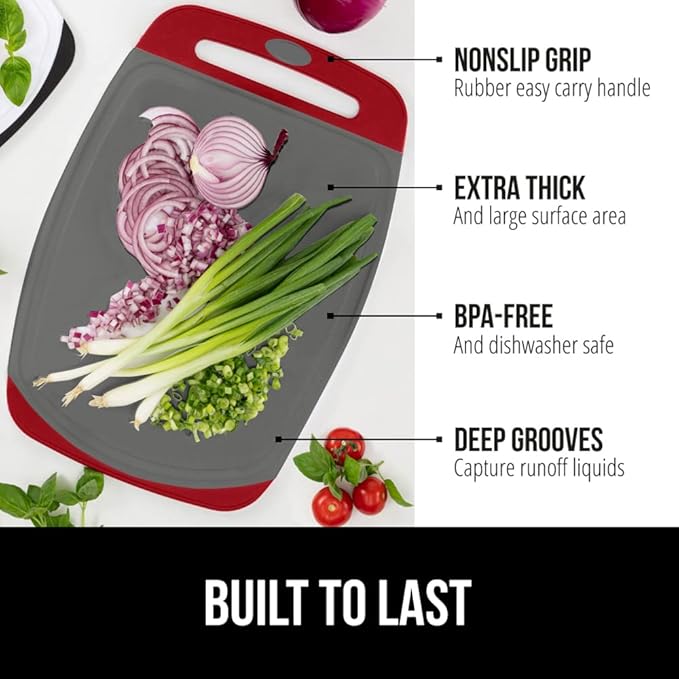 GORILLA GRIP BPA-Free Reversible Kitchen Cutting Board Set of 3, US Designed, Nonporous, Juice Grooves Catch Liquid, Slip Resistant Border, Dishwasher Safe, Durable Large Food Chopping Boards Red Gray