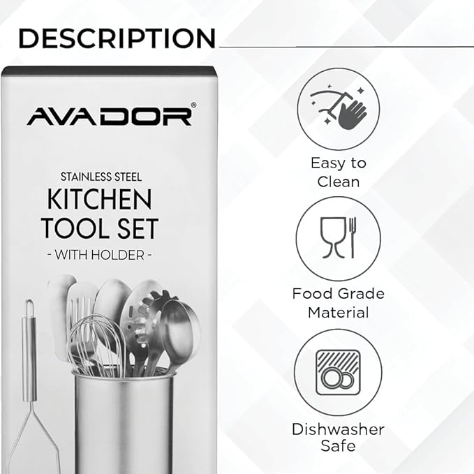 Avador® Premium Set of 10 Stainless Steel (WHITE HOLDER) Kitchen Tool Set with Holder Easy To Clean, Space Saving, Great for Cooking, Baking, Prepping (WHITE)