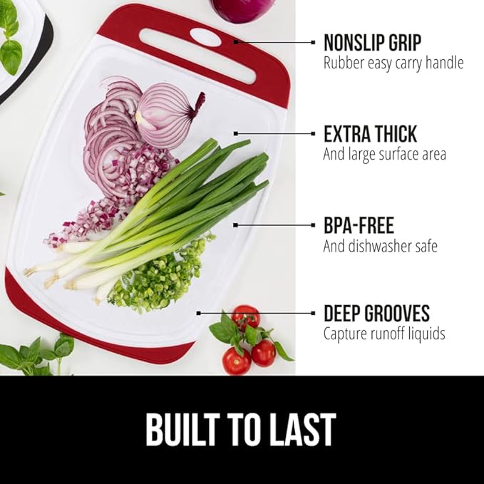 GORILLA GRIP 100% BPA-Free Reversible Kitchen Cutting Board Set of 3, Nonporous, Juice Grooves to Catch Liquid, Slip Resistant Handle Border, Dishwasher Safe, Durable Large Food Chopping Boards, Red
