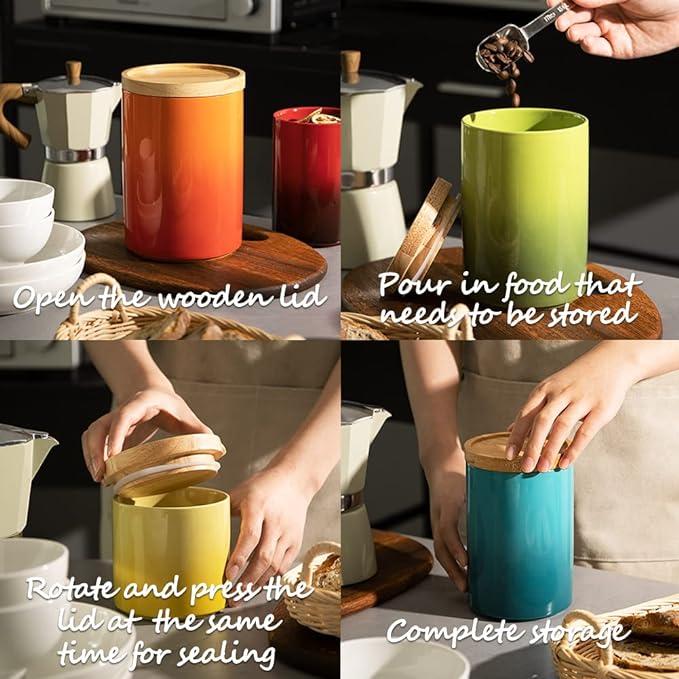 Sweejar Ceramic Food Storage Jar, Stackable Kitchen Canisters, Containers with Airtight Seal Wooden Lid for Serving Coffee Bean, Flour, Tea, Cookies, Spice and More - 58 Fl Oz (Gradient Orange)