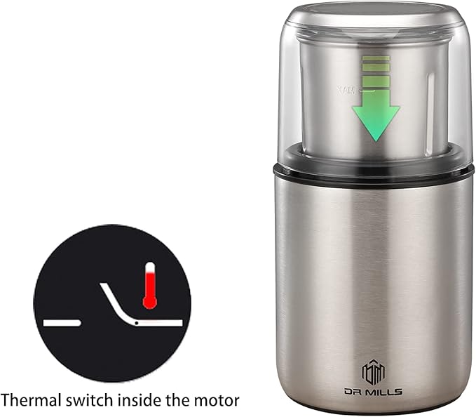 DR MILLS DM-7452 Electric Coffee Grinder,Spice Grinder Electric and chopper,detachable cup, diswash free, Blade & cup made with SUS304 stianlees steel