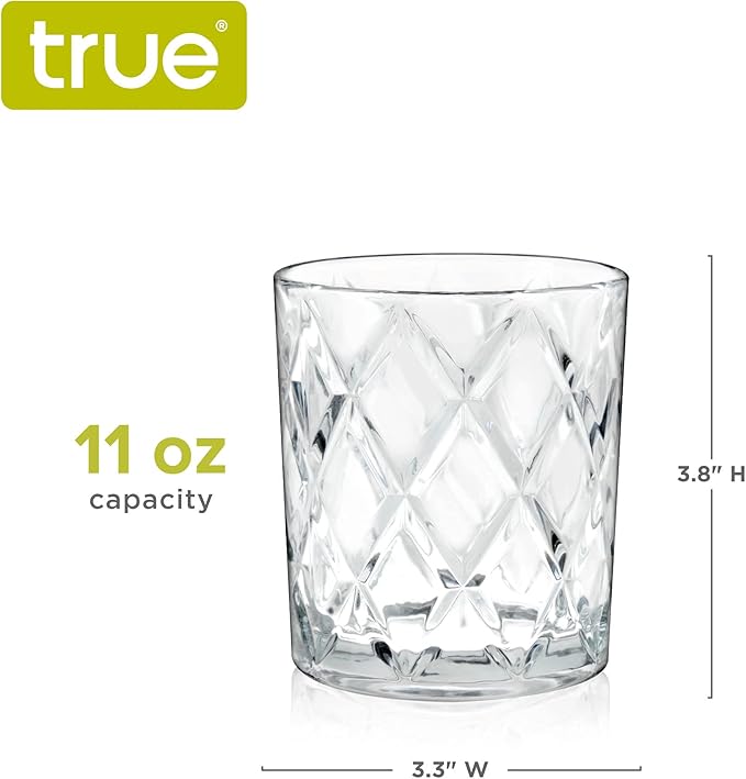 TRUE Diamond Crystal Scotch Bourbon Whiskey Glasses, Old Fashioned Glasses Drinking Set, Whiskey Tumblers, Premium Bar Glassware Set of 4, 11 oz