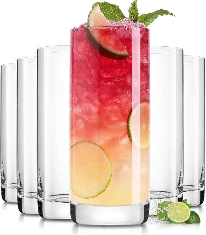 LUNA & MANTHA Highball Glasses Set of 6, 13 OZ Drinking Glasses, Lead-Free Crystal Water Glass, Tall Glass Cups for Cocktail, Tom Collins, Mojito, Mixed Drink, Kitchen and Bar Glassware