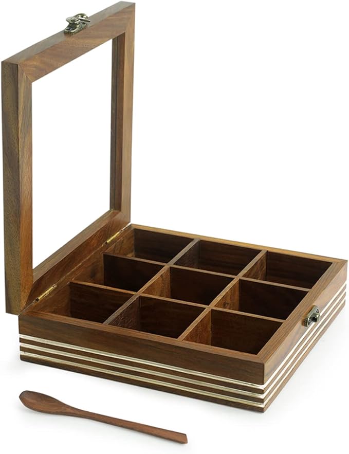 ExclusiveLane Wooden Spice Box | Masala Dabba with 9 Compartments | Size - 8x8x2 inches | Namak Daani with Spoon & See Through Lid | Sheesham Wood Spices Organizer | Kitchen Spices Container