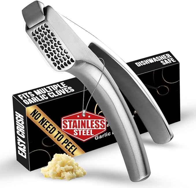 No Peeling Required Garlic Press Stainless Steel Detachable Handle for Coarse Mince, Premium Garlic Mince Tool, Rust-Proof, Easy to Clean, Dishwasher Safe, Garlic Crusher Lifetime Replacement