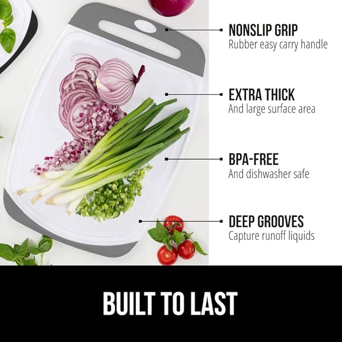 GORILLA GRIP 100% BPA-Free Reversible Kitchen Cutting Board Set of 3, Nonporous, Juice Grooves to Catch Liquid, Slip Resistant Handle Border, Dishwasher Safe, Durable Large Food Chopping Boards, Gray