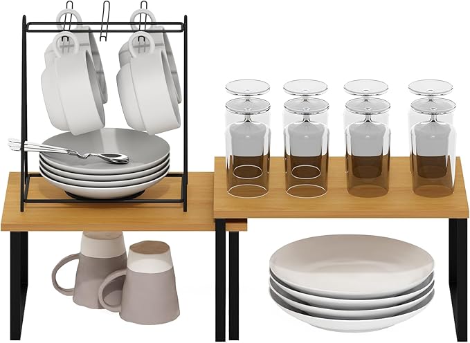 Furinno Ravel Multipurpose Expandable, Stackable Kitchen Counter Shelves, Set of 2, Beech/Black