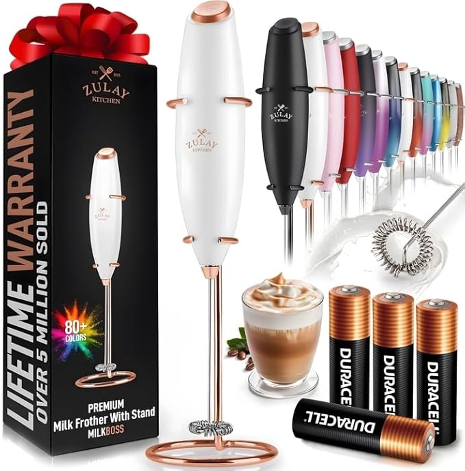 Zulay Kitchen Powerful Milk Frother Wand With 4 AA Duracell Batteries - Ultra Fast Handheld Drink Mixer - Electric Whisk Foam Maker for Coffee, Lattes, Cappuccino, Matcha & Creamer