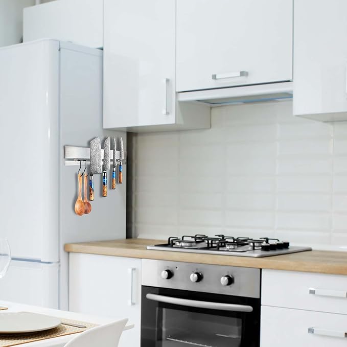 17 Inch Magnetic Knife Holder for Refrigerator with 12 Hooks - Double Sided Magnetic Knife Strip for Fridge - Premium Magnetic Knife Bar Rack - 304 Stainless Steel Kitchen Utensil Hanger