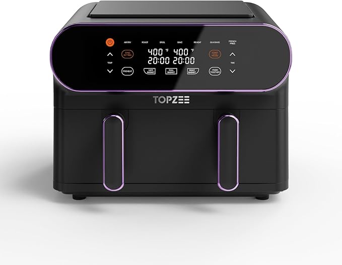 11-QT Large Air Fryer, 8-in-1 XL Airfryer with Flex Basket, Preheat Air Fry, Roast, Broil, Bake, Reheat, Dehydrate, French Fries Dishwasher Safe, w/Purple Border
