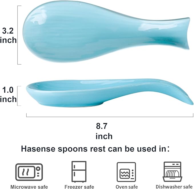 Ceramic Spoon Holder for Stove Top, Large Cooking Spoon Rest for Kitchen Counter, Hasense 8.7 Inch Utensil Rest for Spatula, Ladle and Tong, Microwave Safe, Teal