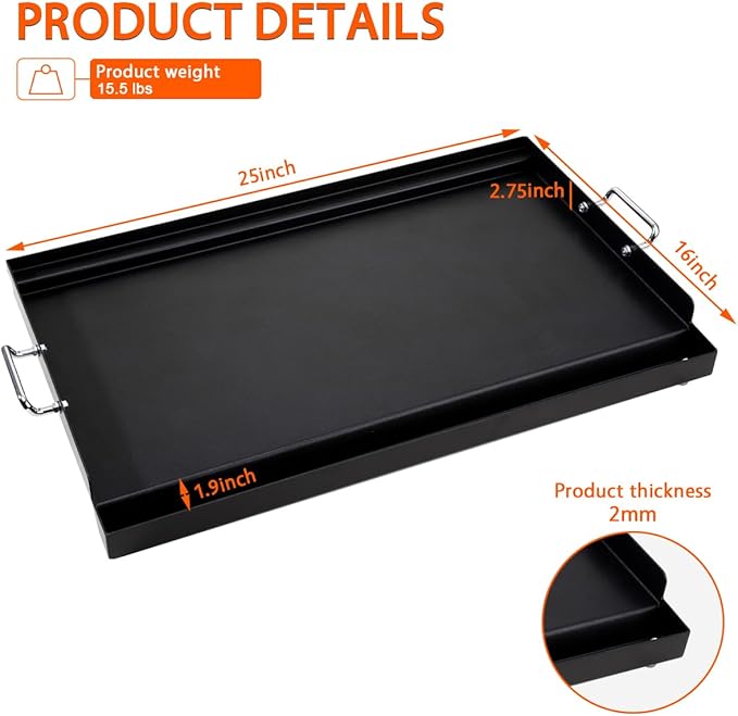 LotFun 25" x 16" Carbon Steel Cooking Griddle for Outdoor Gas Grill, Universal Griddle Flat Top Plate Insert with Grease Groove and Removable Handles for Electric/Charcoal/Gas Grill, Camping,Party