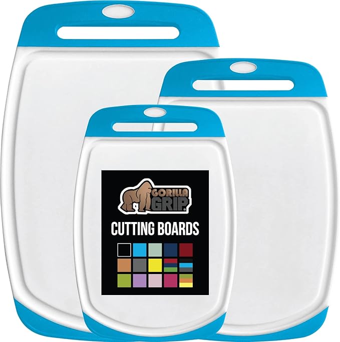 GORILLA GRIP BPA-Free Reversible Kitchen Cutting Board Set of 3, US Designed, Nonporous, Juice Grooves Catch Liquid, Slip Resistant Border, Dishwasher Safe, Durable Large Food Chopping Boards, Aqua