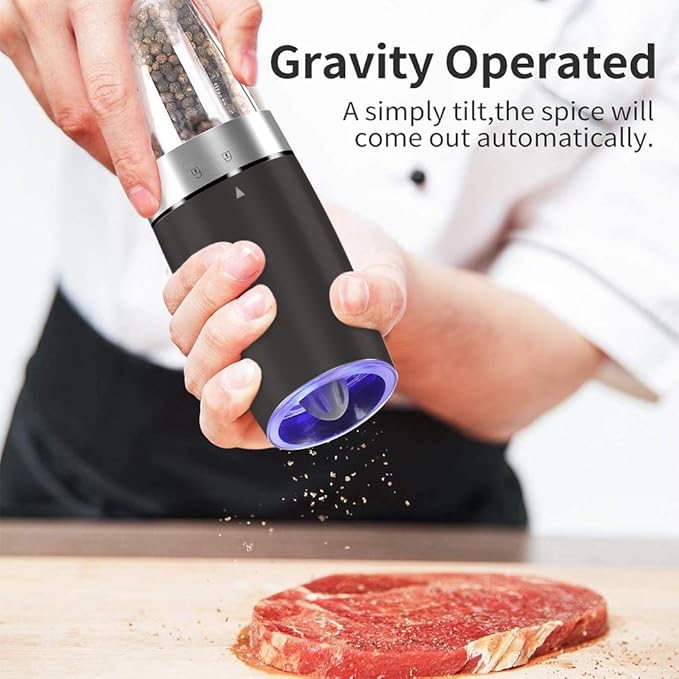Electric Gravity Salt and Pepper Grinder set of 2, Automatic Salt and Pepper Mill Grinder, Adjustable Roughness, Battery Powered, Blue LED Light, Stainless Steel with One Hand Operation (Black)