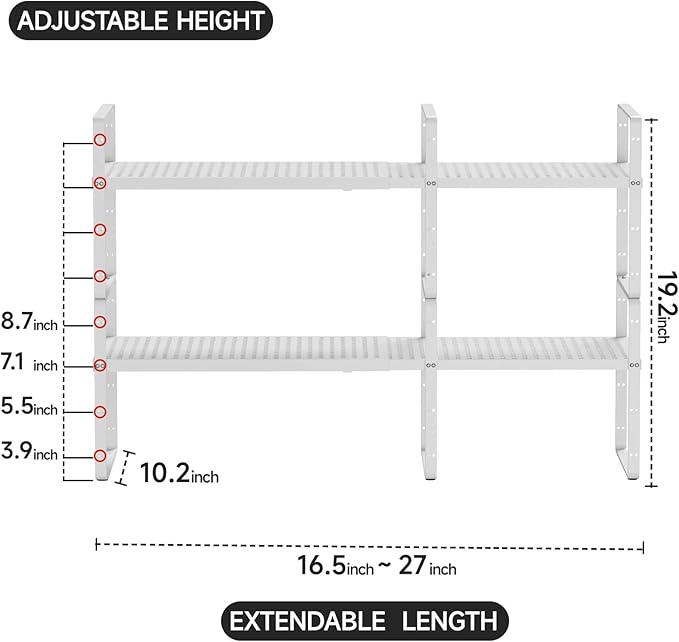 2Pack Expandable Cabinet Countertop Shelves 16.5-27’’L, Adjustable Metal Spice Rack Organizer, Stackable Kitchen Counter Storage Shelves Organizers for Cabinet Organization, White
