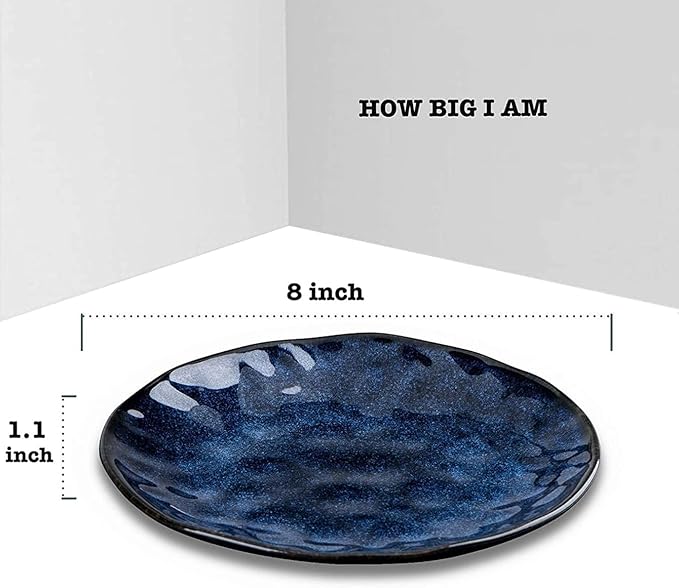 vicrays Ceramic Dessert Salad Plates, 8 Inch, Set of 4, Round, Microwave, Oven, and Dishwasher Safe, Scratch Resistant, Porcelain Fluted Suitable for Snacks, Appetizer, Home, Restaurant (Blue)