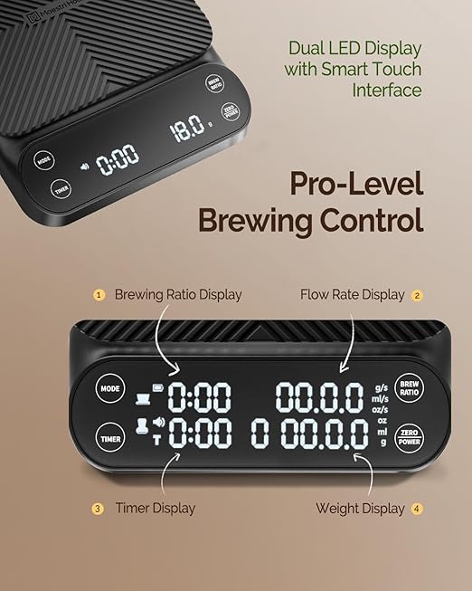 Maestri House S3 Coffee Scale with Timer, 3kg/0.1g Rechargeable Digital Scale, 3 Brew Modes, Adjustable Ratios & Flow Rate Display, Barista-Grade for Pour-Over, Espresso, French Press – Black