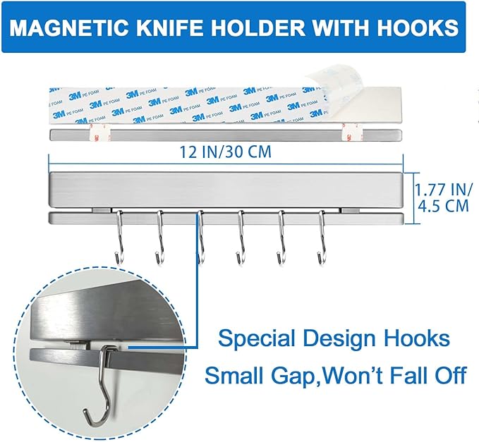 12 Inch Magnetic Knife Holder for Wall with 6 Hooks No Drill-Double Magnetic Bar Strong Adhesive Knife Magnetic Strip-Kitchen Utensil Hanger-304 Stainless Steel Magnetic Kitchen Knife Rack