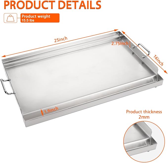 LotFun 25" x 16" Stainless Steel Cooking Griddle for Outdoor Gas Grill, Universal Griddle Flat Top Plate Insert with Grease Groove and Removable Handles for Electric/Charcoal/Gas Grill, Camping,Party